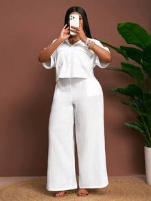 Slaydiva Bộ đồ mùa xuân/hè mới, thanh lịch, phù hợp đi làm, dạo phố và đi nghỉ mát, màu trắng trơn, tay raglan xắn gấu, túi hộp, áo crop top và quần ống rộng dài, cỡ lớn - A, trang phục mùa hè, bộ quần áo vải lanh, bộ đồ hai mảnh thường ngày, bộ đồ hai mảnh vải lanh cỡ lớn dành cho nữ, bộ áo và quần cho nữ, bộ đồ đi nghỉ mát cho nữ, áo liền quần yoga, áo liền quần phong cách Y2K, quần len hai mảnh, quần trắng cho nữ, quần công sở - trắng - Xem 6