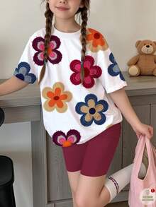 Bộ 2 món dành cho nữ tuổi teen, gồm áo thun ngắn tay và quần short in họa tiết hoa, kiểu dáng retro màu đỏ, thích hợp cho mùa hè, kỳ nghỉ và hoạt động ngoài trời. - Nhiều màu - Xem 2