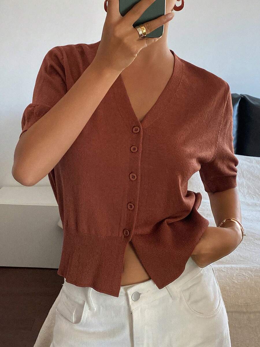 DAZY Women's Loose V-Neck Short Sleeve Casual Vacation Knit Cardigan, Lightweight, Spring/Summer - Coffee Brown - View 1