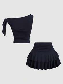 Sweetra 女士夏季古铜色金属花卉吊带背心和褶皱层叠迷你裙套装 - 藏蓝色 - 查看 2