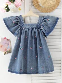 Elladie kids 年轻女孩时尚休闲优雅牛仔连衣裙，短袖柔美花卉图案设计连衣裙 - 藍色 - 查看 2