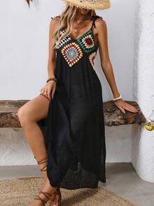 Breezaya Petite Women's Crochet Floral Pattern Ruched Slit Design Casual Vacation Date Party Camisole Mini Dress - Black - View 5