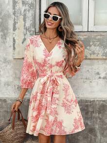 Breezaya Women's Casual Vacation Style Allover Print V-Neck Lantern Sleeve Belted Short Dress, Spring/Summer - Red - View 5