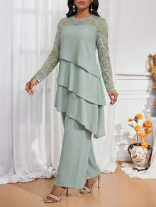 SHEIN Lady Women's Contrast Lace Round Neck Long Sleeve Asymmetric Ruffle Hem Top And Pants Elegant 2-Piece Set - Green - View 6