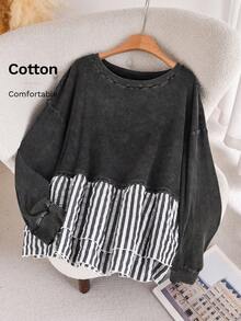 CosyJoli Plus Size Casual Contrast Striped Patchwork Washed Round Neck Long Sleeve T-Shirt Spring Casual Mother's Day Fall - Black - View 2