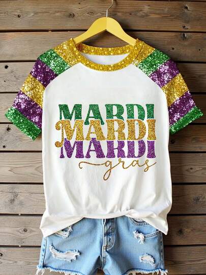 EMERY ROSE Women's Colorful Letter & Sequin-Like Carnival Contrast Pattern Round Neck Comfortable Casual Short Sleeve T-Shirt, Suitable For Daily And Holiday Wear