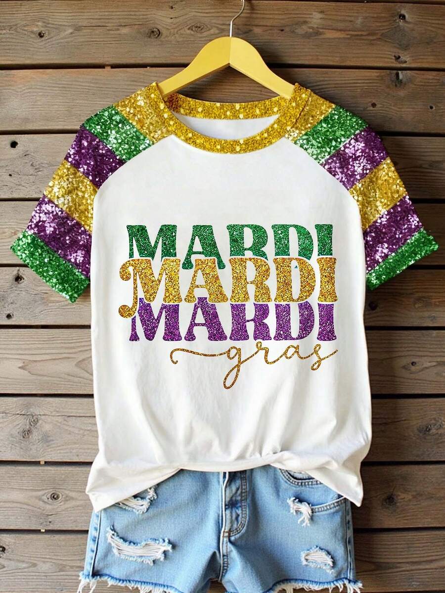 EMERY ROSE Áo thun nữ tay ngắn cổ tròn, thoải mái, kiểu dáng lễ hội, phối chữ nhiều màu sắc và họa tiết đính kim sa tương phản, phù hợp cho cả mặc hàng ngày và đi nghỉ lễ. - Nhiều màu - Xem 1