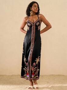 Travachic 印花无袖连衣裙，度假风乡村印花前开衩连衣裙，女士春夏款 - 黑色 - 查看 5