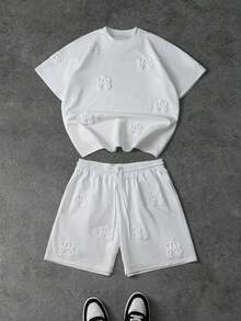 PAVTROS 男士休闲时尚街头字母泰迪刺绣落肩宽松T恤和抽绳腰短裤套装，夏季 - 白色 - 查看 1