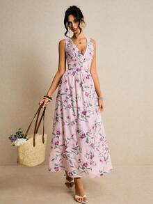 Poéselle 女士V领印花优雅收腰长款派对连衣裙 - 淺粉色 - 查看 8