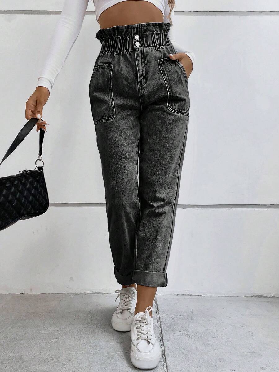 Flexra Quần jeans nữ thường ngày có túi và nút - Màu xám đen - Xem 1