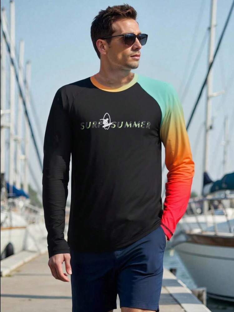 Manfinity Swimmode Men's Contrast Color Print Crew Neck Long Sleeve Surfing T-Shirt Men Summer Casual T-Shirt Color Block T Shirt Long Sleeve Swim Shirt Men Full Sleeve Tshirt Men Long Sleeve Summer T Shirt - Multicolor - View 1