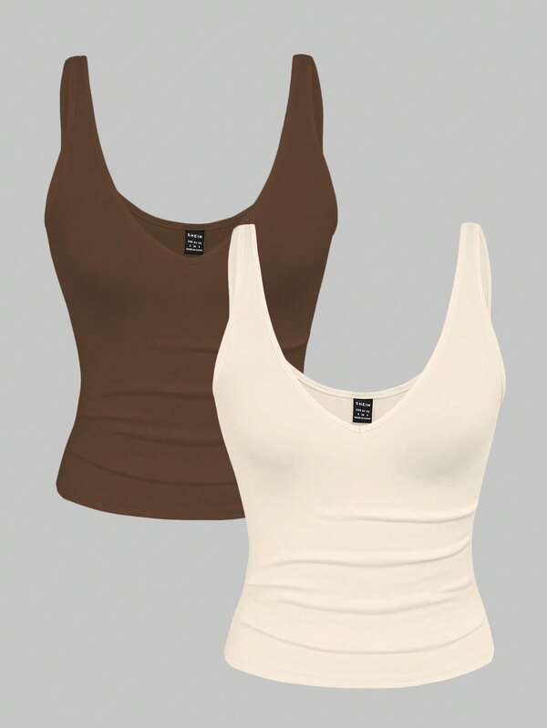 Airaco 2pcs Leopard Print & Solid Color V-Neck Cropped Tank Top Set For Women, Summer