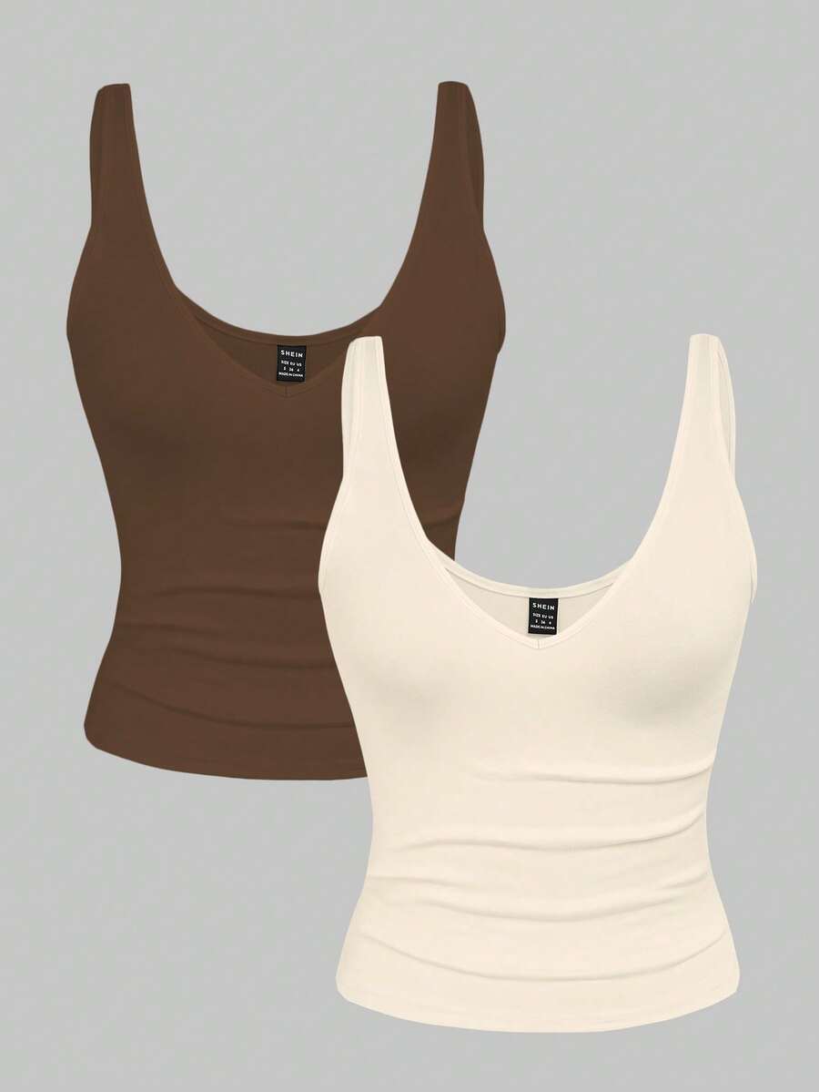 Franclia Set de 2 tops cortos de tirantes con escote en V, uno con estampado de leopardo y otro de unicolor, para mujer, para el verano - Multicolor - Ver 1