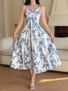 DAZY 女士优雅印花无袖中长连衣裙，夏季婚礼宾客礼服 - 藍色 - 查看 6