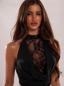 SHEIN BAE 女士时尚性感撞色蕾丝吊带露脐上衣和迷你裙套装，夏季 - 黑色 - 查看 6