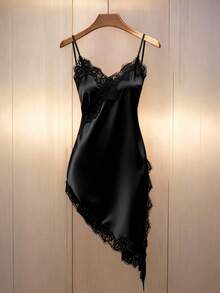 Pariaura Sexy Elegant Black Lace Trim Asymmetrical Camisole - Black - View 1