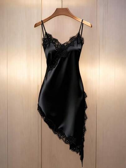 Pariaura Sexy Elegant Black Lace Trim Asymmetrical Camisole