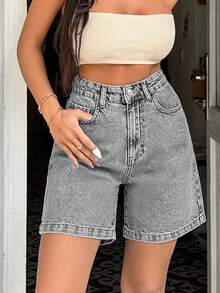 EURMUSE 100%Cotton Rigid Medium Wash Women Short - Grey - View 4