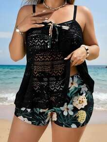 Swim Lushoire 新款大码女式印花吊带上衣和修身短裤两件套泳装，度假休闲风 - 黑色 - 查看 4