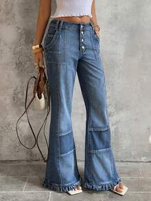 SHEIN 女士休闲水洗低腰喇叭牛仔裤 - 藍色 - 查看 4