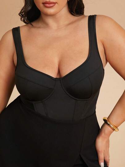 SHEIN BAE Plus Size Women's Black Bodysuit With Cup Structure, Kawaii Camisole Corset For Winter,Night Out Club,Elegant Party Wedding Guest Evening Clothes