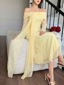 DAZY Đầm midi ren thanh lịch trễ vai buộc dây dáng đuôi cá dành cho nữ, đầm dự tiệc cưới mùa xuân/hè. - Vàng nhạt - Xem 4