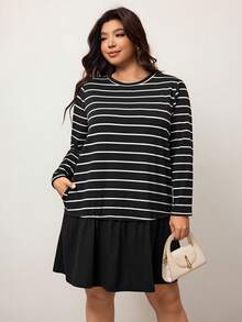 Enliva Plus Size Casual Everyday Striped Round Neck Ruffle Hem Dress, Autumn Dresses For Women, For Apple & Rounded Body Shape - Black and White - View 7