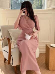 DAZY 女士优雅纯色V领泡泡袖褶皱中长连衣裙，夏季婚礼宾客礼服 - 粉色 - 查看 5