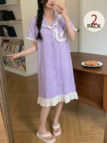 Summer Clothes  Girls' Button Front Floral Patchwork Ruffle Hem Pockets Short Sleeve Casual Dress Lavender Pajama Dress - Purple - View 8