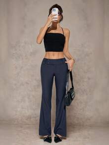 SHEIN PETITE Quần nữ màu trơn, kiểu dáng công sở, thời trang, đa năng, cạp chun, ống rộng, có túi, thích hợp cho đi làm, văn phòng, mùa xuân và mùa hè. - Màu xám đen - Xem 5