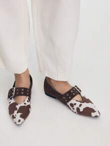 Mnmlis Zapatos planos de punta puntiaguda con correa de estampado de vaca para Navidad - Café integral - Ver 6