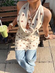 Muchica Summer Dresses Polka Dot Yellow Polka Dot Print Mesh Plunging Neck Backless Dress - Yellow - View 6