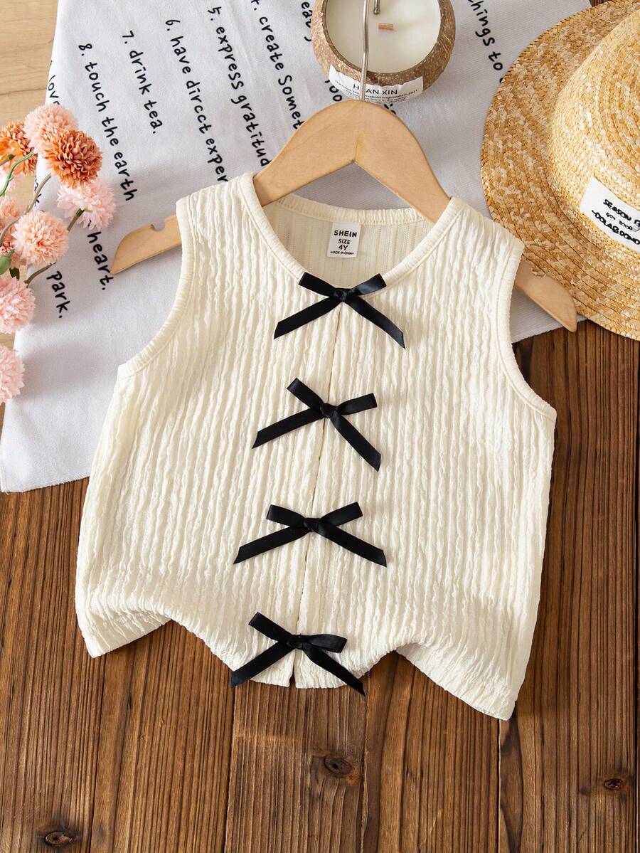 SHEIN Young Girl Solid Color Knit Textured Fabric Bow Decor Camisole,Kids - White - View 1