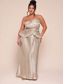 SHEIN BAE 加大码女式杏色褶皱连衣裙 - 杏色 - 查看 2