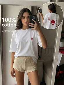 Elaire 女士优雅花卉爱心印花圆领白色休闲短袖T恤，夏季 - 白色 - 查看 3