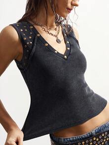 Bohemela Plus Size Summer Casual Beaded Decor Tank Top - Black - View 6