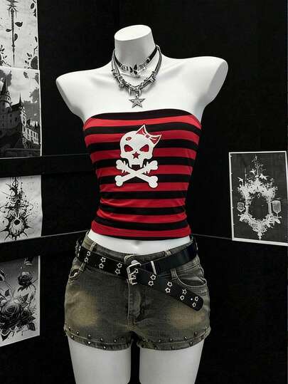 Noixe 女士图案上衣，黑色、红色、深色系，夏季新款，图案设计，红色条纹，骷髅头，街头时尚，摄影，假日，派对，女士上衣