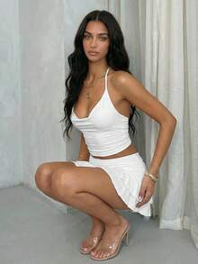 Glamine 白色性感V领不对称露背吊带无袖迷你裙套装，两件套，秋季服装，节日派对嘉年华套装，街头服饰，女士夜店套装，约会之夜套装，女士生日套装，尽显优雅气质，派对必备，圣诞套装，情人节套装，新年套装，婚礼派对套装 - 白色 - 查看 6