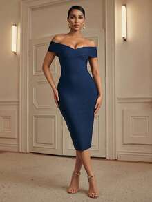 Anewsta Women's New Off-Shoulder Sexy Bandage Bodycon Party Dress, European And American Street Style, Navy Blue - Navy Blue - View 1