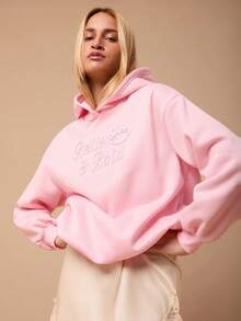 SURIMA 女士休闲简约粉色印花连帽宽松加厚卫衣 - 粉色 - 查看 1