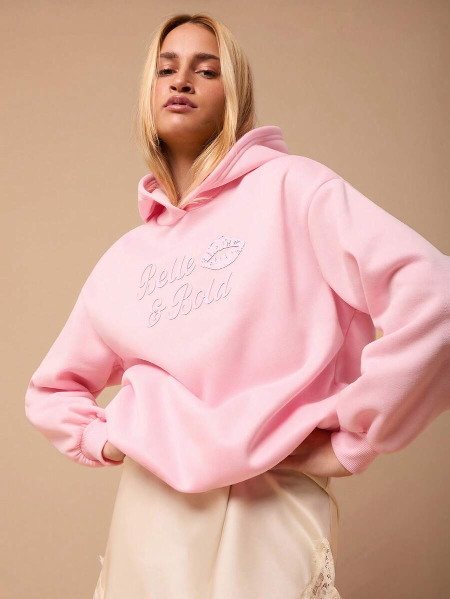 SURIMA 女士休闲简约粉色印花连帽宽松加厚卫衣 - 粉色 - 查看 1