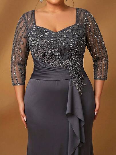 Serin Plus-Size Elegant And Glamorous Beaded Sequined Floral Patchwork Stretch Satin Ruffled Slit Design Fishtail Skirt With Sheer Long Sleeves Suitable For Mothers Attending Weddings, Events, Music Festivals, Parties, And Formal Occasions Bride's Mother's Dresses And Guest Dresses