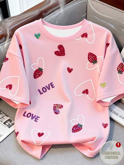 Resyla Plus Size Women Summer Casual Vacation Commute Strawberry Heart Letter Print Loose Fit T-Shirt