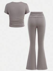 SHEIN Girlism Tween Girl Casual Everyday Fitted Ruched Crew Neck Top And Waist Ruched Flare Pants Set Clothes Set - Grey - View 2