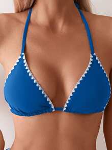 Swim Basics 女士性感露背撞色三角缝线系带比基尼上衣，沙滩度假风 - 藍色 - 查看 3
