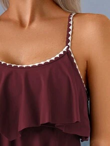 Swim Lushoire 2pcs Springbreak Ruched Contrast Color Trim High Waist Bikini Set, Pleated Waist For Beach Holiday - Burgundy - View 4