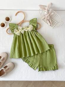Cozy Pixies Babygirl Summer Casual Vacation Green Textured Ruffle Bow Camisole And Elastic Waist Shorts Set - Green - View 3