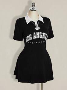 SHEIN ICON 大码女式 Polo 领黑白撞色迷你连衣裙 - 黑色 - 查看 10