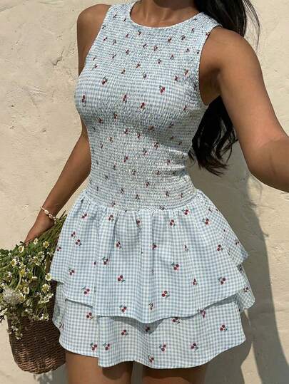 Sunnyshic Women's Casual Vacation Fashion Versatile Outdoor Cherry Plaid Fabric Layered Ruffle Trim Waist Sleeveless Short Summer Dress